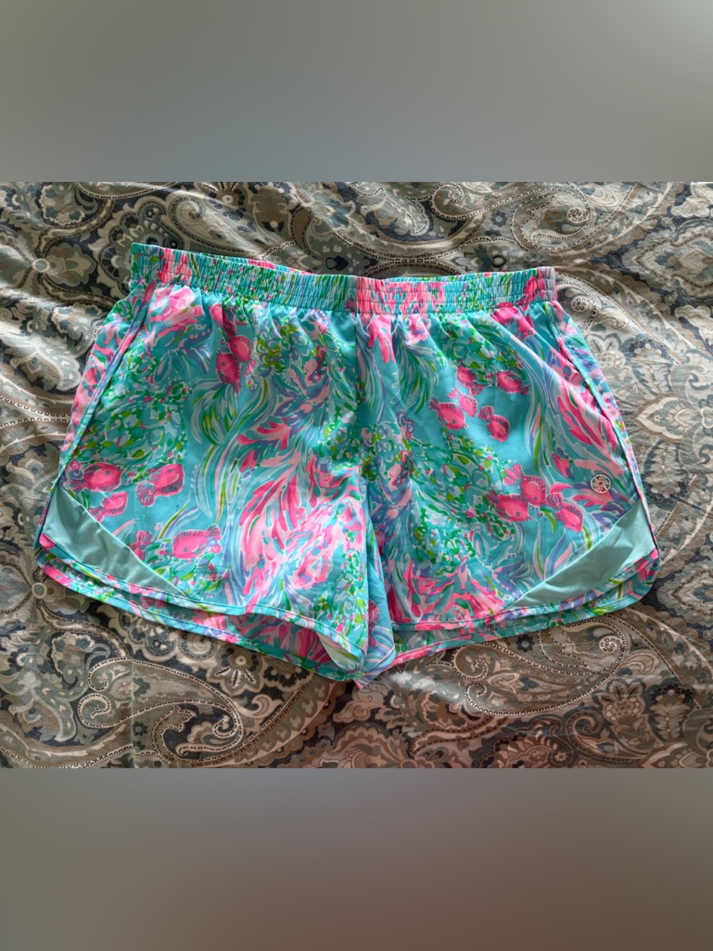 Lilly Pulitzer Turquoise Floral-Print Athletic Shorts with Pink Accents